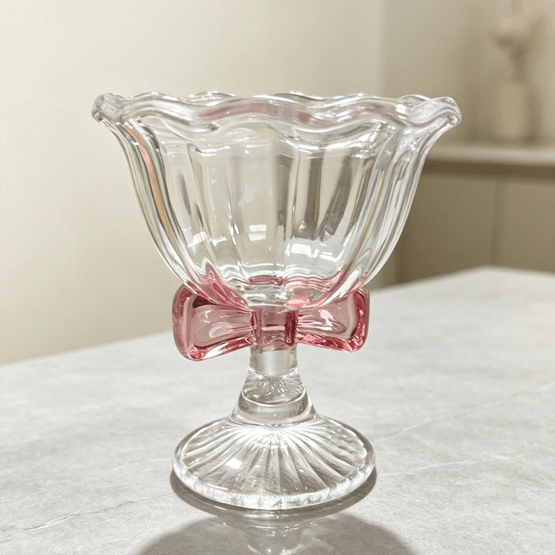 Hot Selling Brand New Flower Shape Glass Goblets with Colored Bows