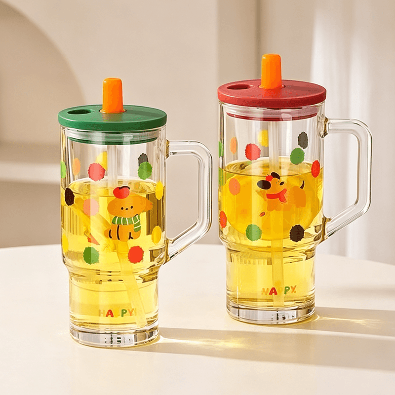 Summer Neccesities Drinking Glass Mugs with Lids and Straws For Juice/Cold Drinks